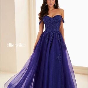 Ellie Wilde Deep Navy Blue Off-Shoulder Prom Dress